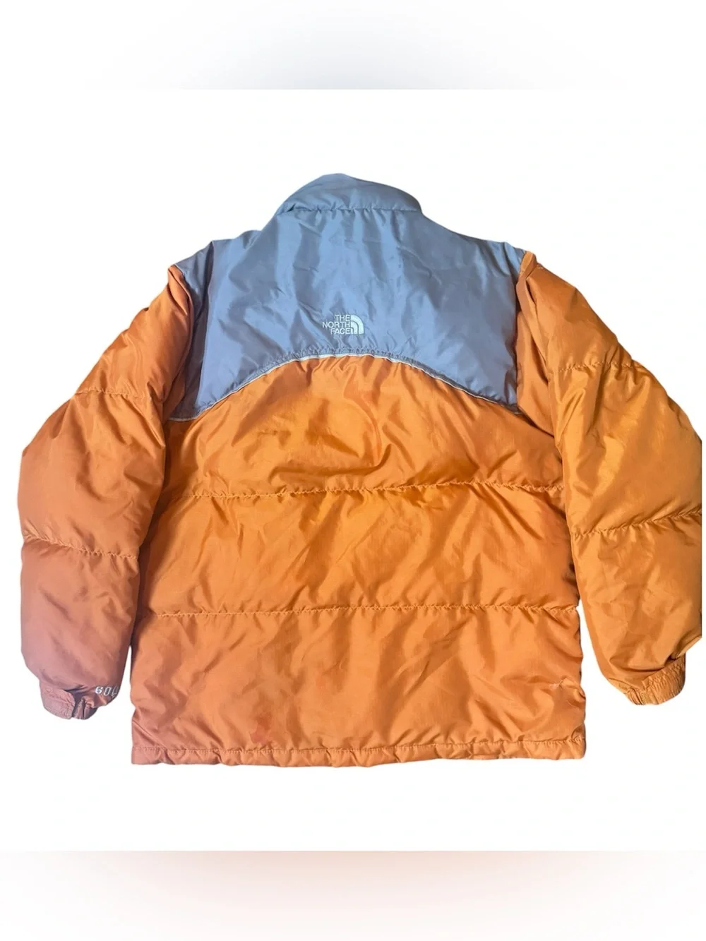 The North Face 600 boys youth puffer parka down zip orange gray jacket size L
